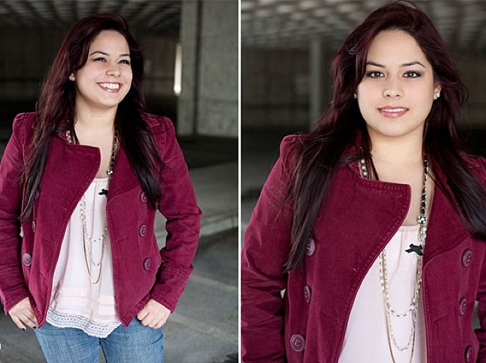 An environment portrait lighting diptych of a girl in pink jacket posing indoors