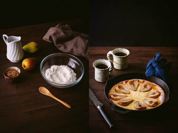 Diptych of food photography lighting set up on brown table