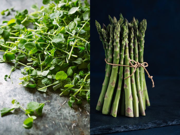 Food photography lighting diptych showing herbs and asparagus