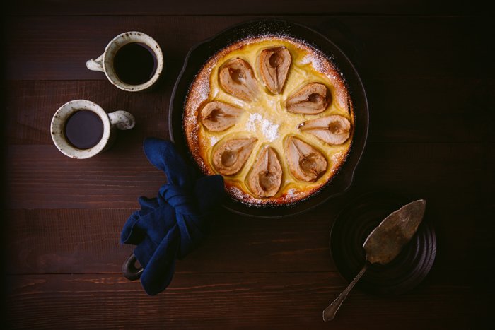 Overhead food photography shot of pear clafoutis