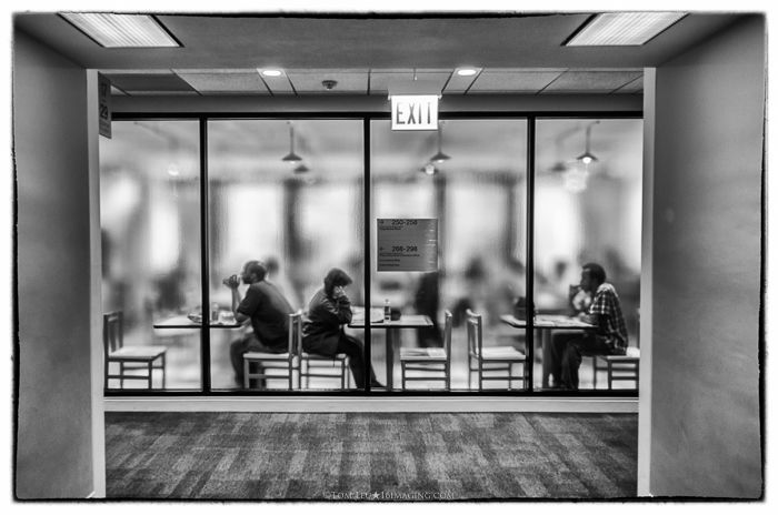 A freelance photography shot of a cafe in black and white