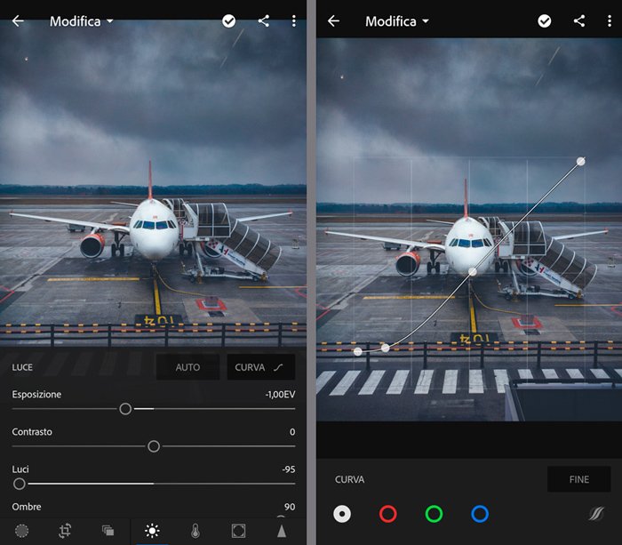 Screenshot of exposure and Curve Tool in Lightroom mobile.