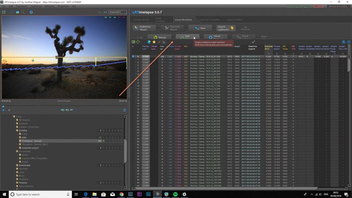 Screenshot of using 'LRTimelapse' time lapse software on Lightroom