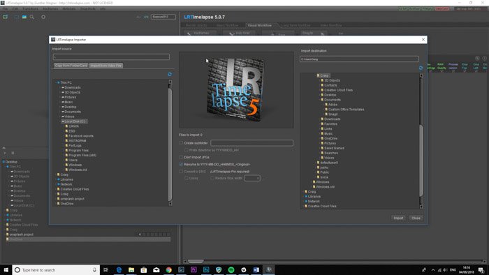 Lightroom screenshot of importing images on LRTimelapse