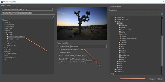 Lightroom screenshot of importing images on LRTimelapse