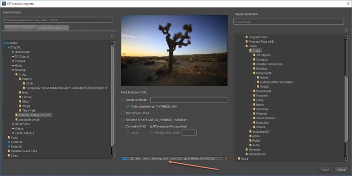 Lightroom screenshot of importing images to make a sequence on LRTimelapse