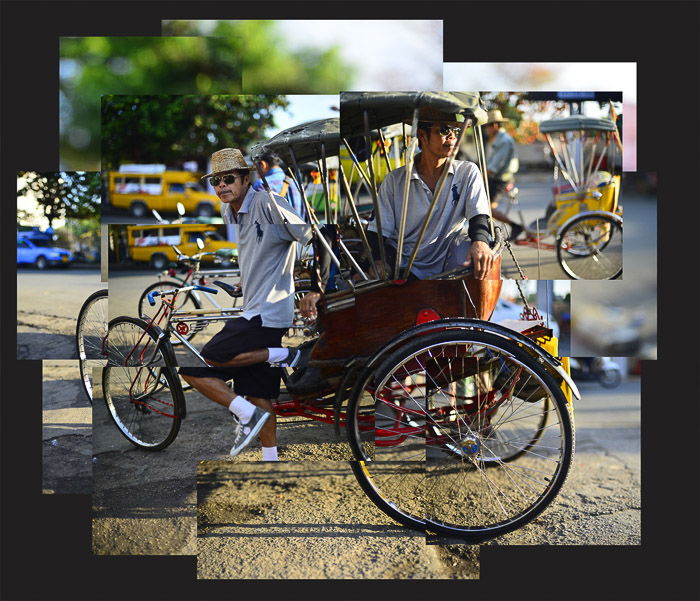 A photomontage composite of a tricycle taxi and rider in Chiang Mai, Thailand.