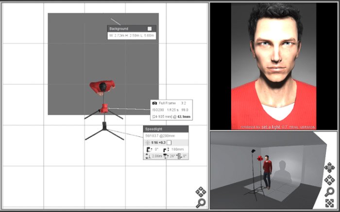 The virtual studio setup creating with set.a.light 3D STUDIO software. Platon photography.