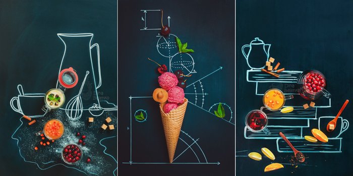 Three overhead flat lay still life photography ideas of food photography posed on a blackboard with chalk drawings