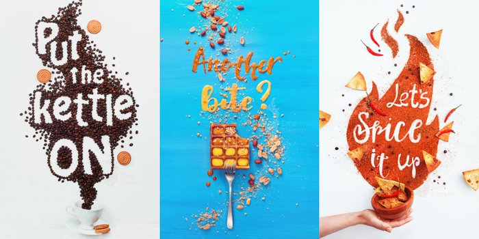 Three photo still life photography ideas grid combining food photography and text 