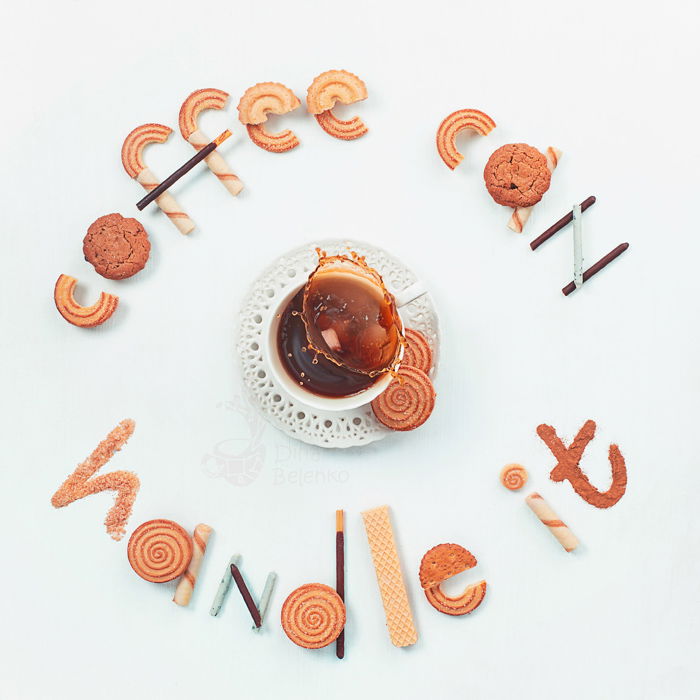 Cool still life photography ideas arrangement of biscuits spelling 'coffee can handle it' framing a coffee cup