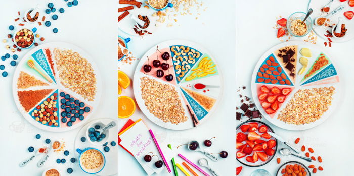 Three still life photography ideas of colorful overhead "pie charts" of cereals, fruits, food ingredients and labels