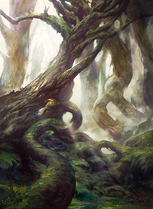 A painting of an ethereal looking twisting forest - tree photo inspiration