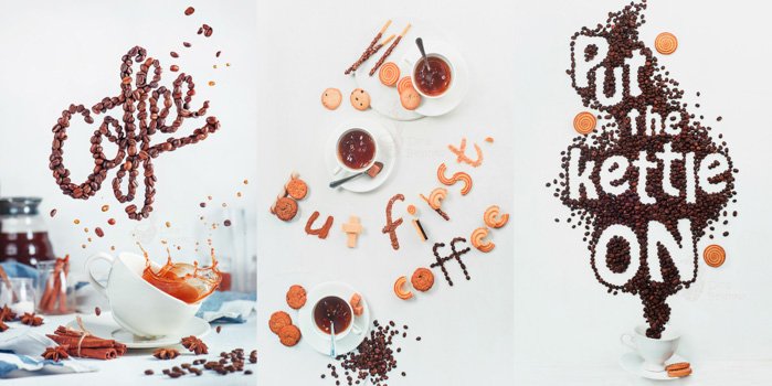 Triptych food photography shot using coffee beans and biscuits to spell the messgaes 'coffee', 'but first, coffee' and 'put the kettle on' in create food art typography
