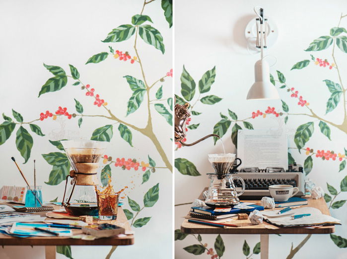 Bright and airy still life diptych of coffee equipment on a wooden desk with other props