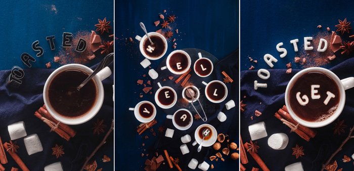 An overhead triptych featuring coffee cups, saucers, biscuits with food typography message 'coffee can handle it'.