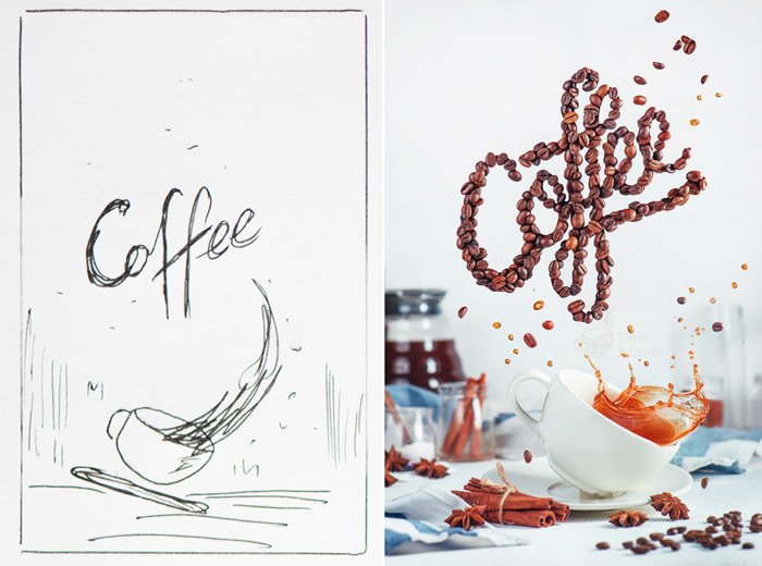 Diptych showing the sketch and finished photo of a still life food art photo with coffee and food typography
