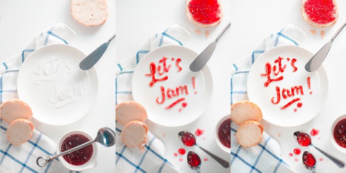 A 3 photo progression of creating a cool food art shot featuring the typography message 'lets jam' with red jam