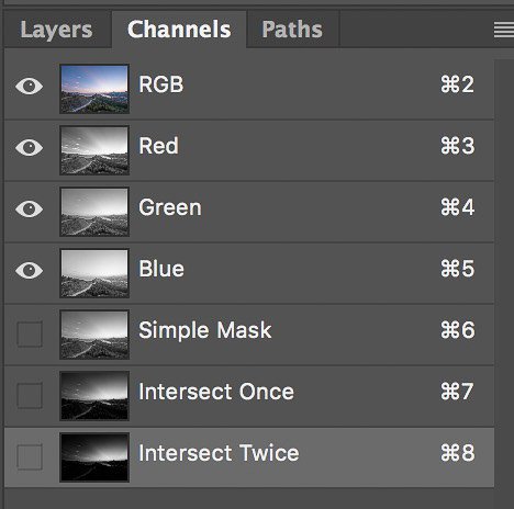 Screenshot of intersecting mask with mask to create basic luminosity masks with just one click