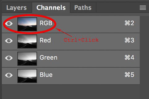 Screenshot of selecting RGB to create basic luminosity masks with just one click