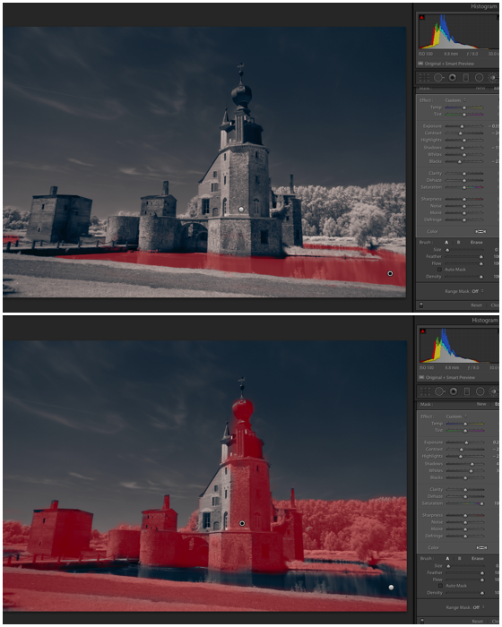 Split screen shot using the brush tool in Lightroom for infrared photography editing