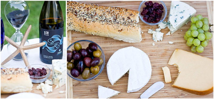 Overhead commercial photography diptych of various food products on a wooden table 