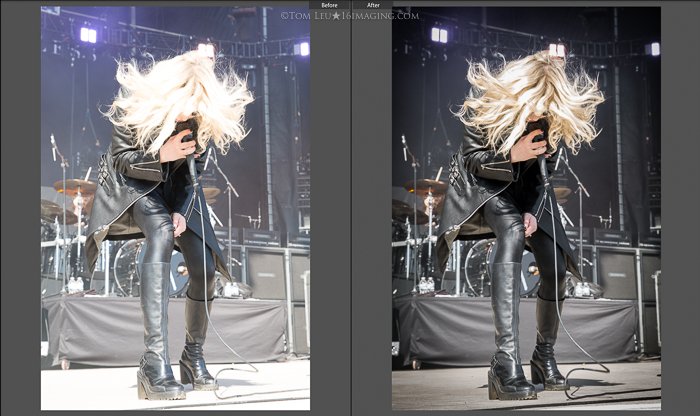 Diptych photos of a blonde singer onstage before and after concert photography editing in lightroom