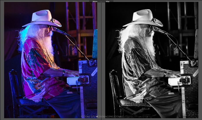 Diptych photos of a long haired pianist onstage before and after concert photography editing in lightroom