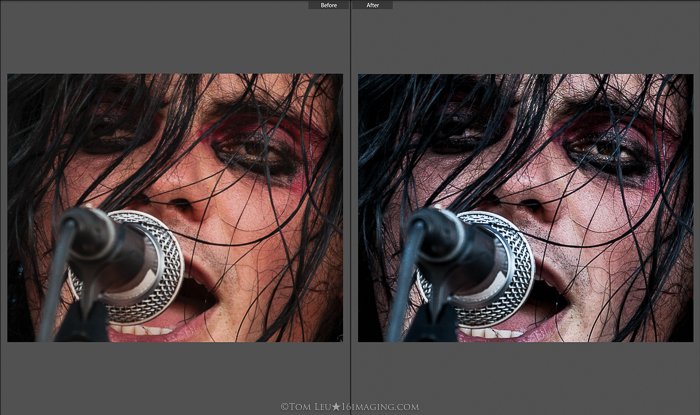 diptych photos of a close up of a singers face before and after concert photography editing in lightroom