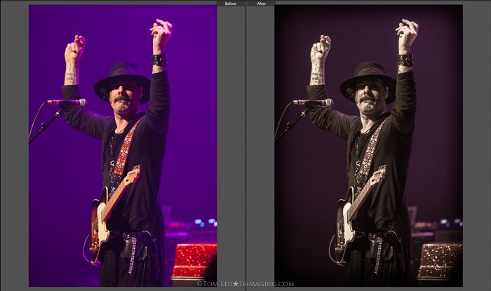 Diptych photos of a guitarist onstage before and after concert photography editing in lightroom