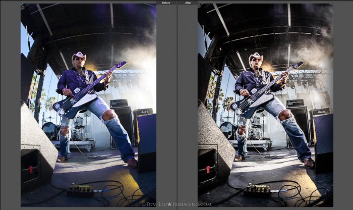 Diptych photos of a guitarist onstage before and after concert photography editing in lightroom