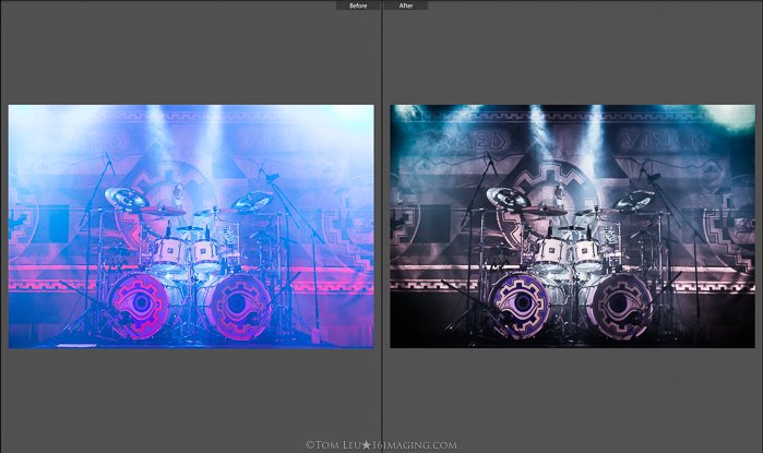 Diptych photos of a drumset onstage before and after concert photography editing in lightroom