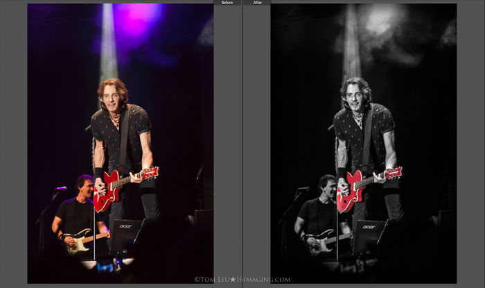 Diptych photos of a guitarist onstage before and after concert photography editing in lightroom