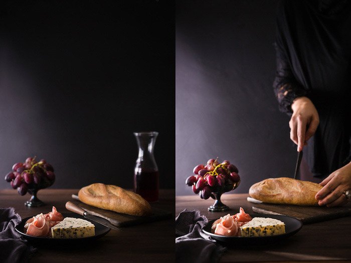 A food photography diptych showing a still life in a dark and moody style