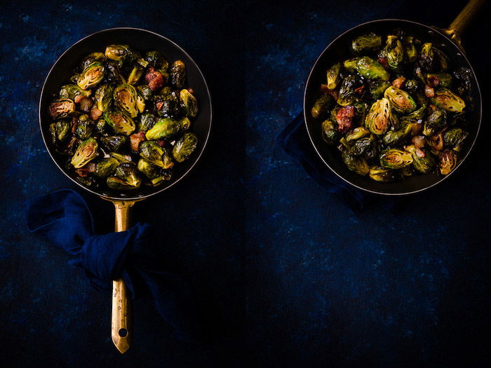 A food photography diptych showing a still life pan of brussel sprouts in a mystic light photography style