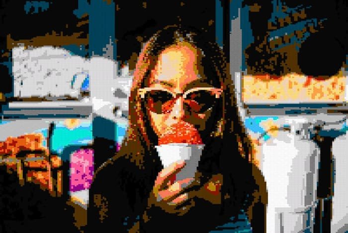 Portrait of a woman eating an ice cream cone with cool glitch art effect