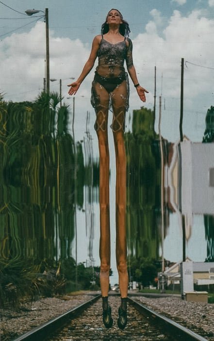 A woman posing with the appearance of having freakishly long legs due to image glitch