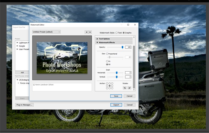 Adobe Lightroom screenshot of how to make a watermark on a photo of a silver motorbike with a stunning landscape