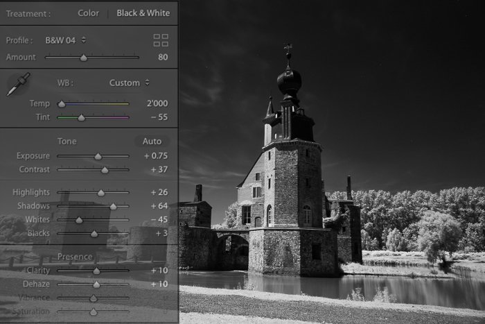 Screenshot of editing infrared photography on lightroom
