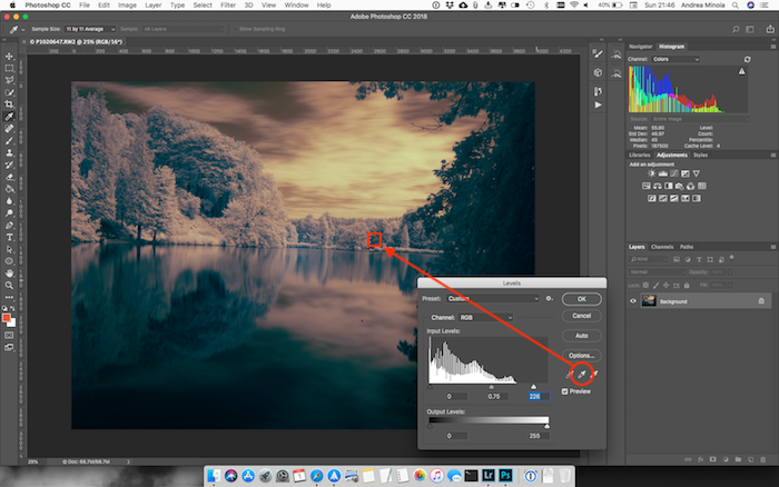 Screenshot of editing an infrared photo of a pond in Photoshop