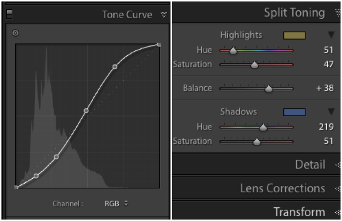 A screenshot of the default settings for the B&W Split Tone preset for editing ir photos