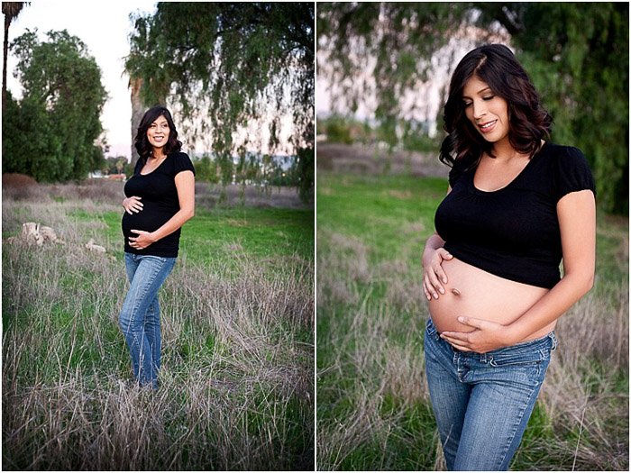 Diptych portrait of a pregnant woman outdoors in different maternity photography poses