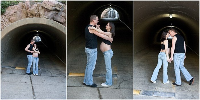 Triptych portrait of a couple on posing outdoors by a road tunnel for a maternity photography session