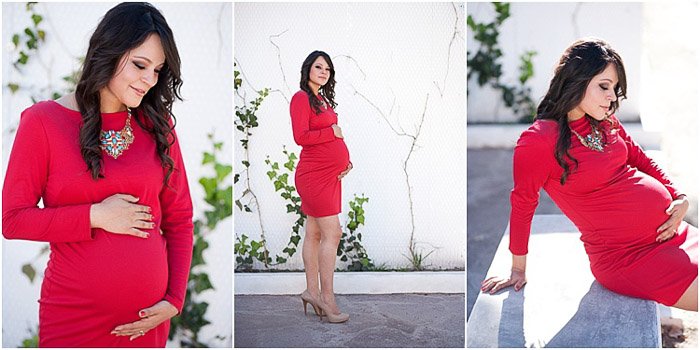Triptych photo of a pregnant woman in red in different maternity photography poses