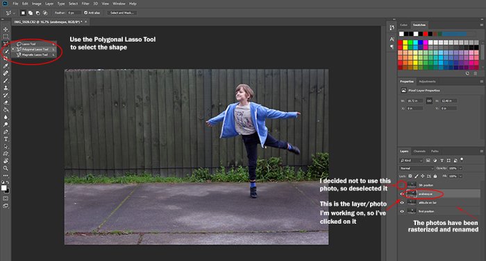 Screenshot of using Photoshop to edit a photo of a little girl dancing into a multiplicity photography shot