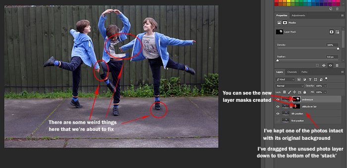 Screenshot of using Photoshop to edit a photo of a little girl dancing into a multiplicity photography shot