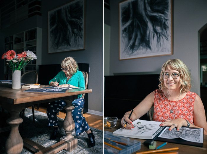 Diptych portrait of a woman posing in a a home office setting