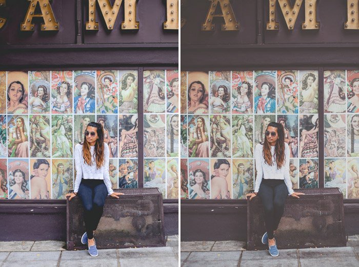 Diptych portrait of a woman posing outside a shopfront - one with a different colour tone from portrait photography editing techniques.