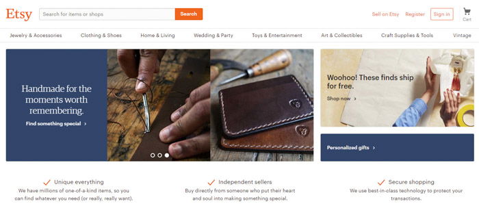 Screenshot of Etsy website homepage 