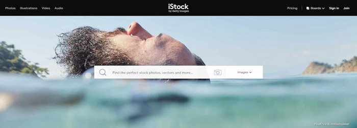 Screenshot of istock photo homepage website to sell stock photos online